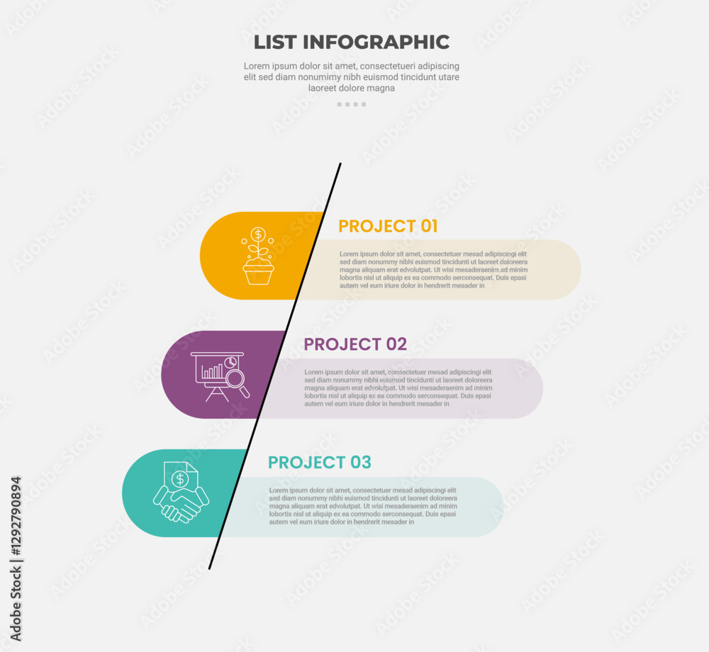 Aufkleber list vertical stacked process infographic outline style with 3 point template with skew line with ro