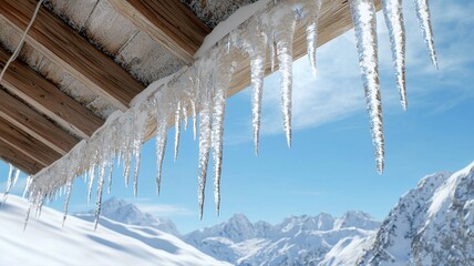 Scenic winter view of snow-covered mountains and icicles hanging from a rooftop under a bright blue sky.