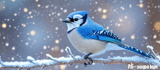 Blue jay perched on a snow-covered branch in winter.