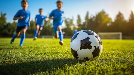 Soccer ball kick field closeup image outdoor ground level anticipation of impact