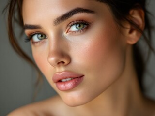 A young woman with flawless skin, her complexion glowing with a natural radiance, and delicate facial features that accentuate her unique charm.