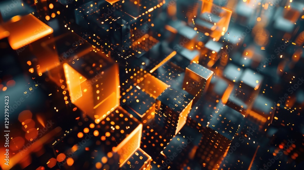 Poster Abstract picture micro particle in geometric shape represent data flow. Vivid flowing object with high tech fractal, create digital effect scene perfect for energetic, fantasy wallpaper design. AIG53.