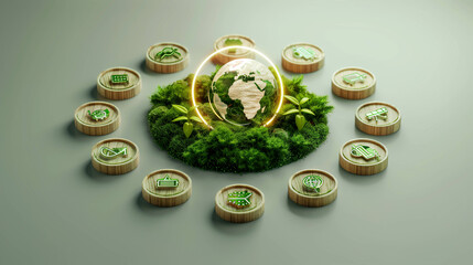 Green globe surrounded by eco-conscious icons symbolizing sustainability and environmental conservation