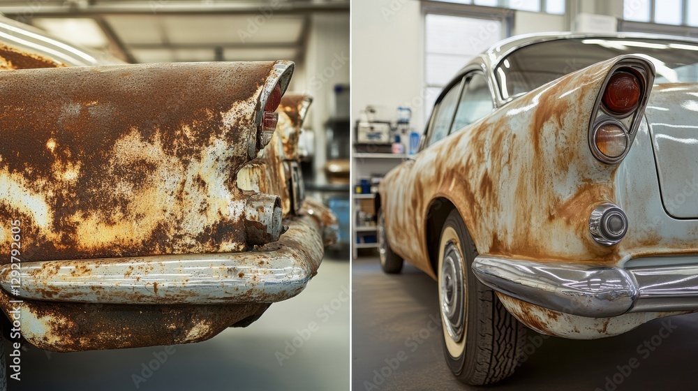 Poster classic car transformation from rusty relic to polished beauty in a restoration workshop. generative