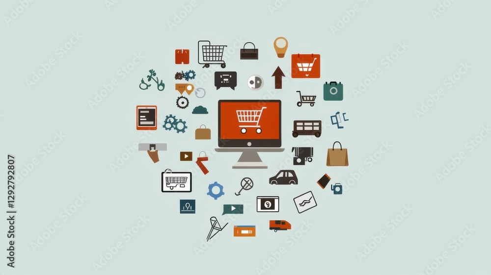 Poster e-commerce icons surrounding a computer monitor with a shopping cart symbol.
