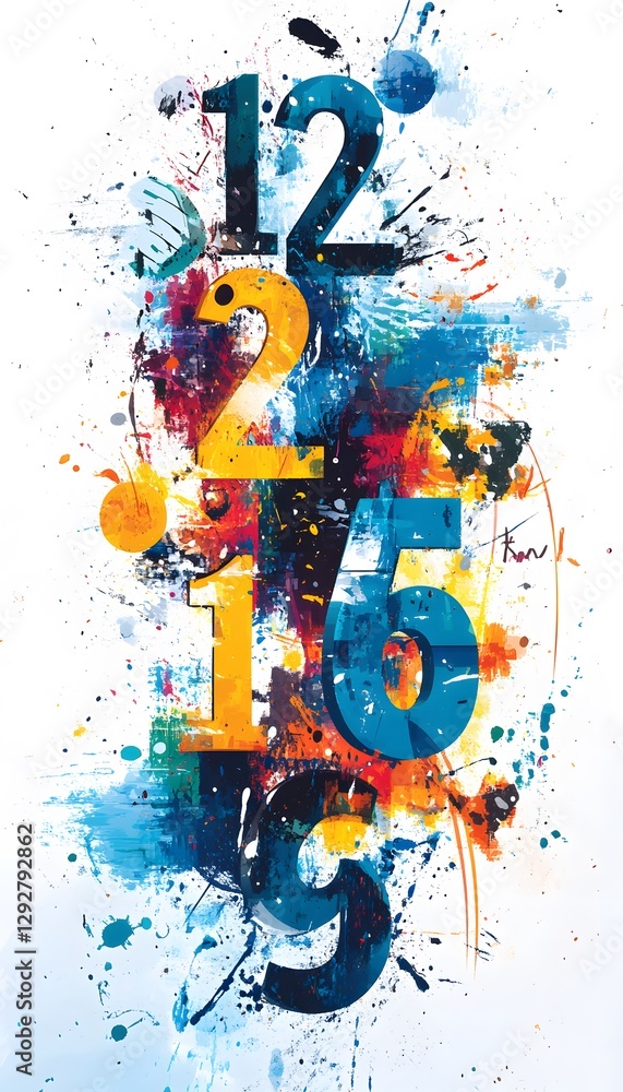Poster abstract artwork displaying multicolored numerals on a white background