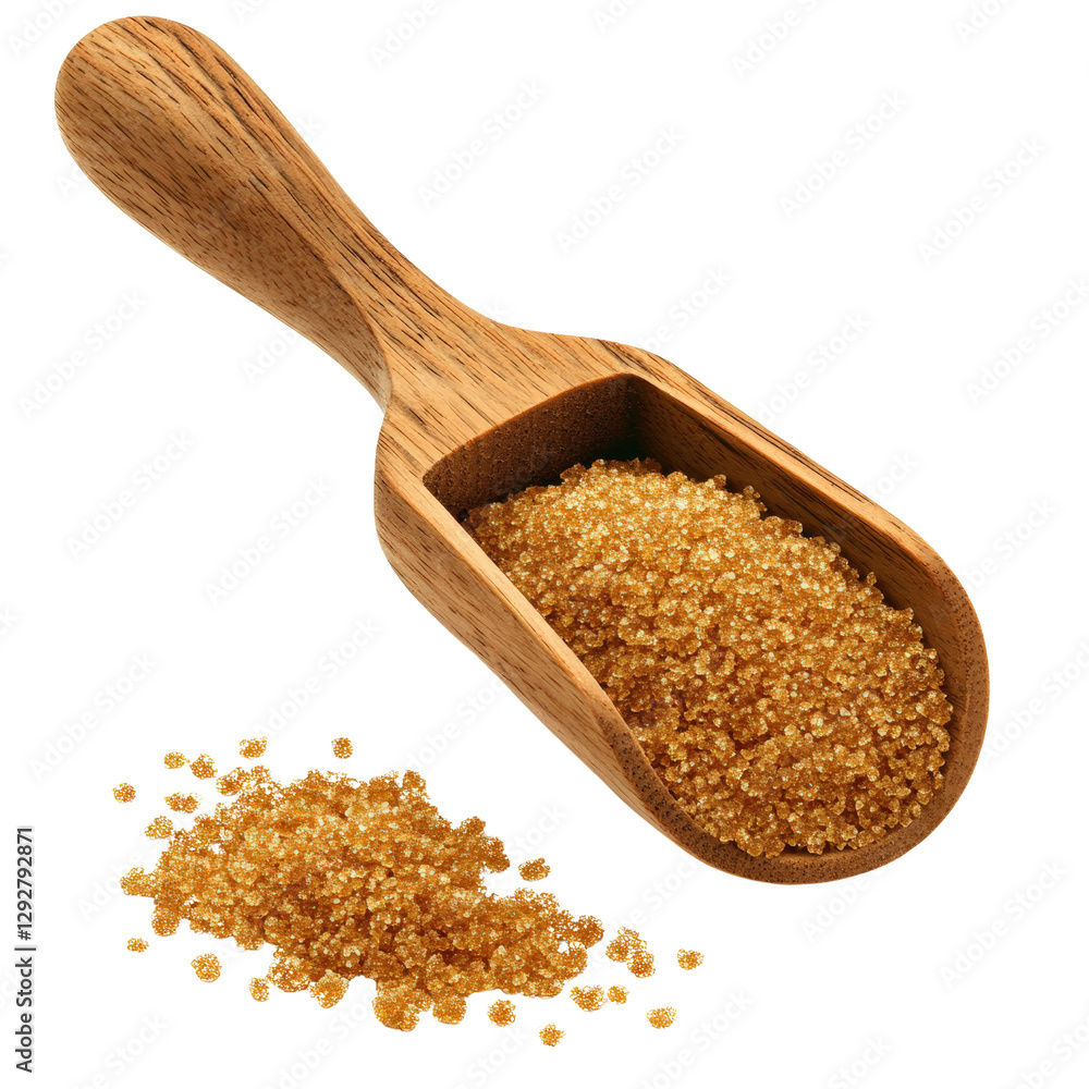 Aufkleber a rustic wooden spoon with a generous scoop of granulated sugar placed on a textured cloth backgroun