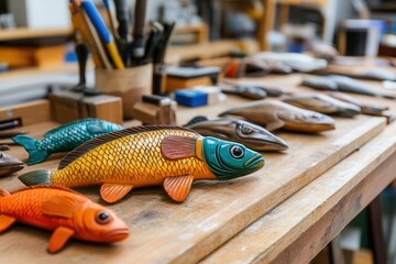 Colorful Wooden Fish Figurines On Wooden Workbench