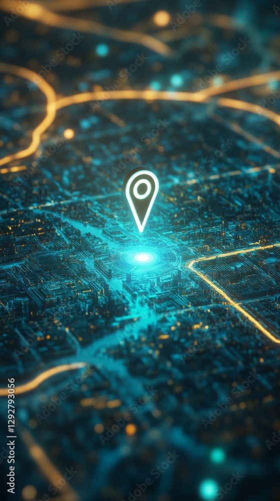 Poster map with glowing location pin highlighting urban area under dim lights, futuristic digital navigatio