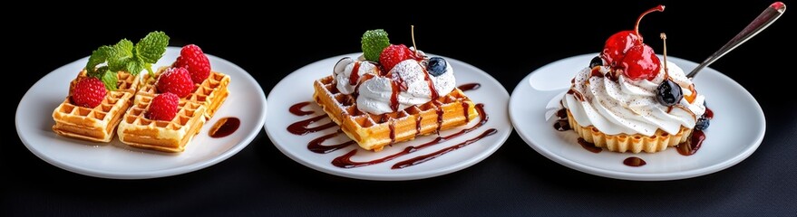 Delicious Waffles with Fresh Berries and Creamy Toppings on Elegant Plates Against a Dark Background