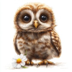 Fototapeta premium Cute Baby Owl Portrait With Flower