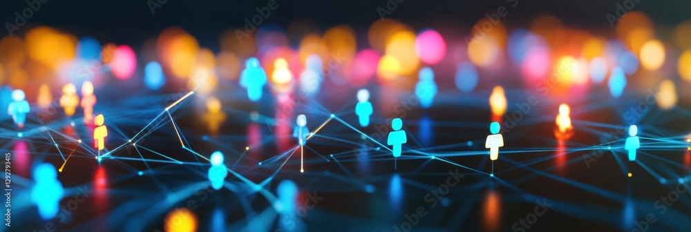 Poster Vibrant social media representation with 3D avatars connected by pulsating energy lines. Generative AI