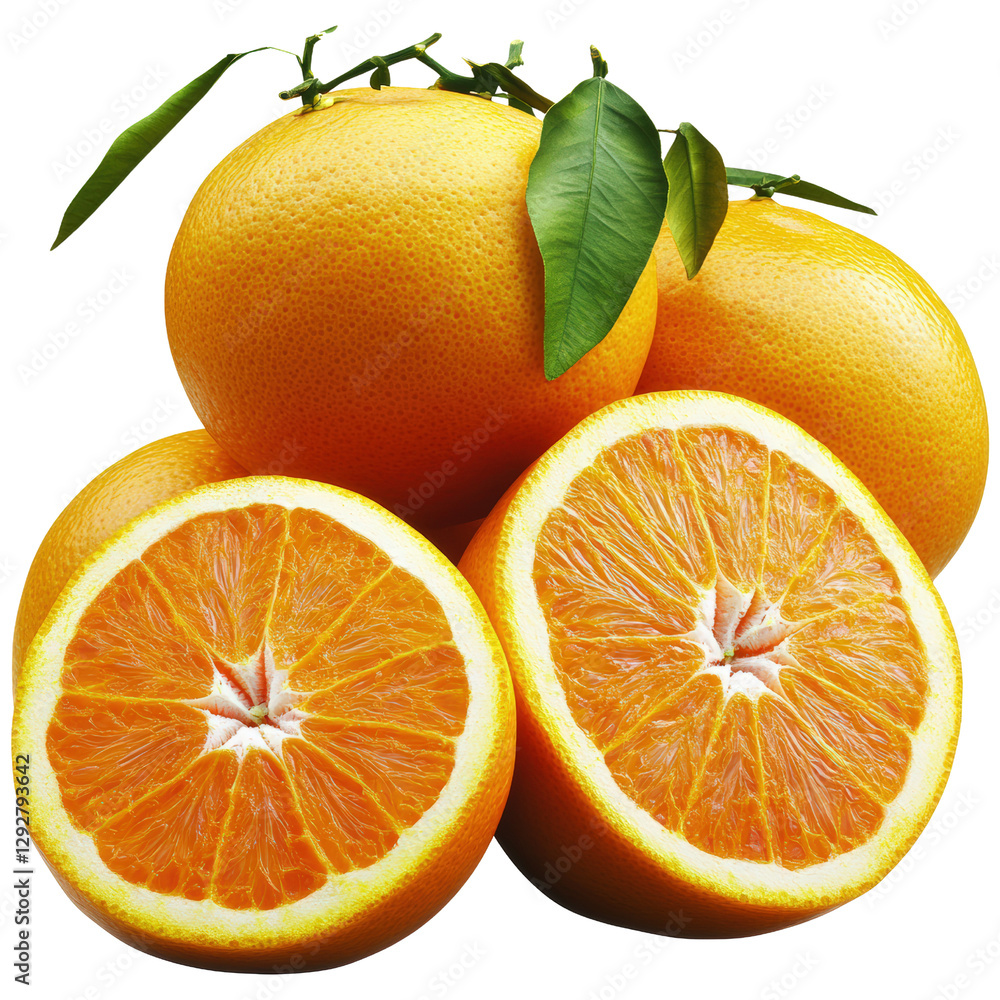 Poster three fresh oranges with vibrant green leaves resting on a light surface highlighting their bright c