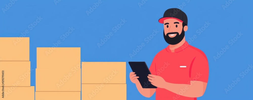 Poster a smiling man in a cap checks inventory on a tablet amidst stacked boxes.