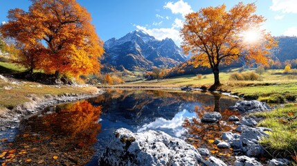 Autumnal Mountain Lake Reflection, vibrant fall colors, peaceful scene