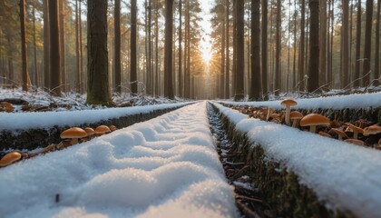 Winter wonderland forest path covered in snow with mushroomsSunlight filtering through trees creating magical atmosphere