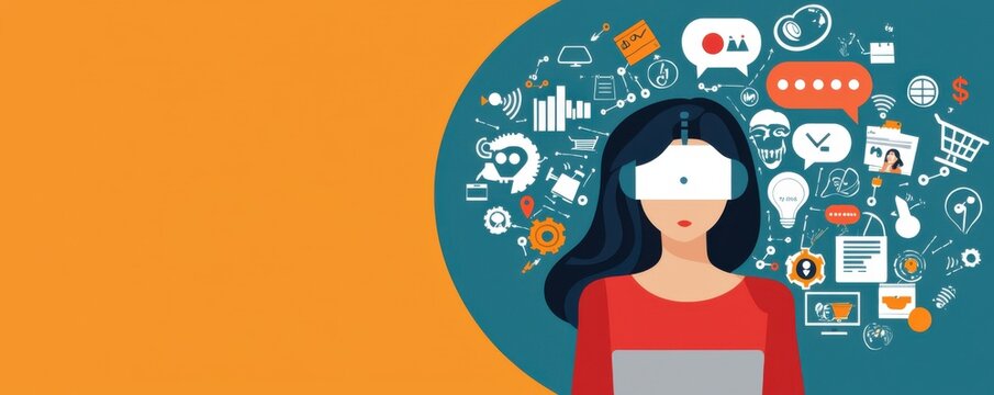 Woman using virtual reality headset surrounded by tech-related icons and symbols.