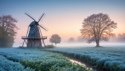 Serene sunrise over frosty field with antique windmill and trees Picturesque autumn landscape scene