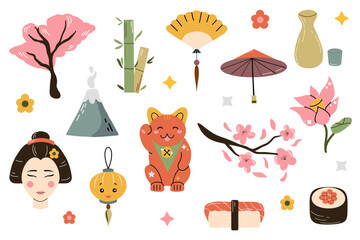 Japan travel set of doodle elements. Collection of stickers maneki neko, geisha, umbrella, fan, bamboo, Fudji, sake, sakura, sushi and lantern.