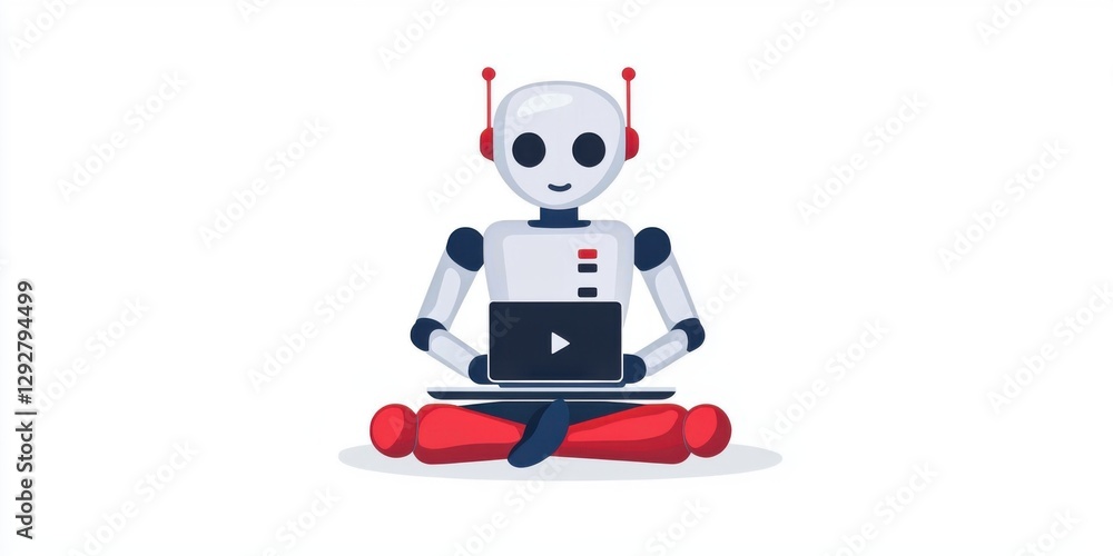 Poster a friendly robot sits cross-legged with a laptop, engaging in digital content creation.