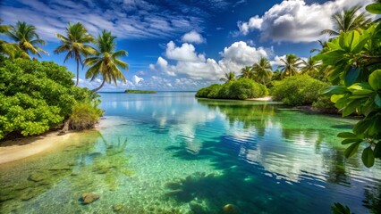 Obraz premium Tranquil Tropical Lagoon Surrounded by Lush Green Palm Trees