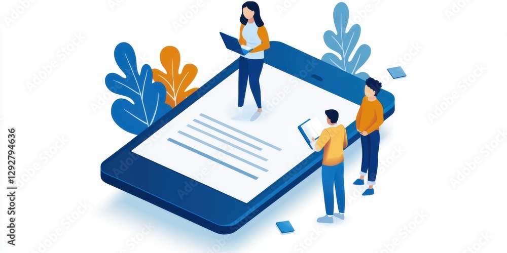 Poster three people interacting with a large smartphone displaying text, surrounded by stylized leaves.