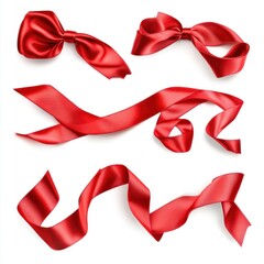 Red satin ribbons, various shapes, isolated on white