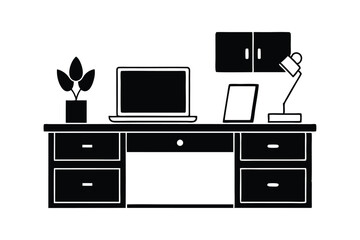 A black-and-white vector drawing of a home office desk silhouette design.eps