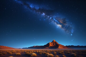 starry sky with a mountain and a galaxy in the distance