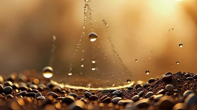 A pile of coffee beans with water droplets on them. The water droplets are scattered all over the beans