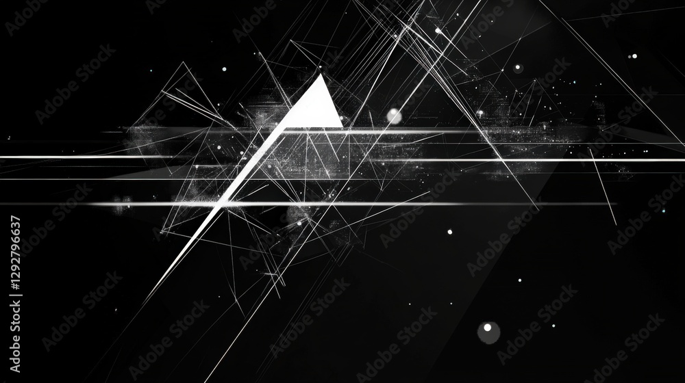 Poster abstract geometric design featuring sharp lines and shapes on a dark background with light effects