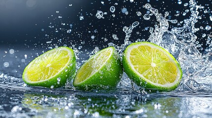 Sliced Limes with Water Splash on Dark Background Captured in High Definition for Refreshing Beverage Ideas
