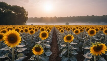 Obraz premium Majestic Sunrise Over Vast Sunflower Field Rows at Dawn Peaceful Morning Agricultural Landscape
