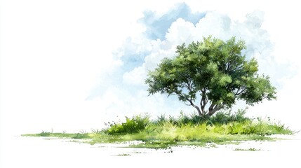 Fototapeta premium Watercolor landscape with tree and clouds. Ideal for nature theme presentation