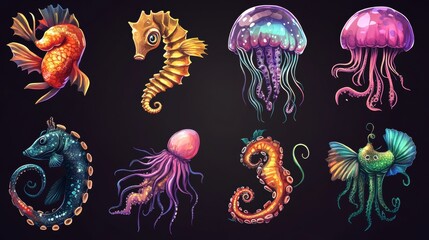 Different types of sea creatures such as fish, seahorse, jellyfish, and octopus are drawn in cartoon style. 