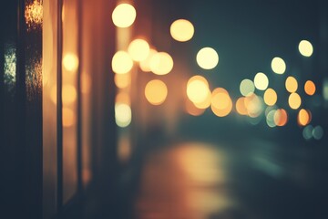 A Captivating Evening Scene with Soft Glowing Lights Reflecting on a City Street, Evoking a Dreamlike Atmosphere of Urban Life at Night