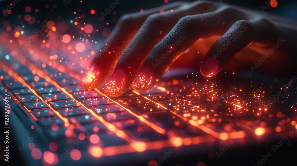Poster dynamic close-up of businessman hand typing on laptop for programming, showcasing cyber security tac