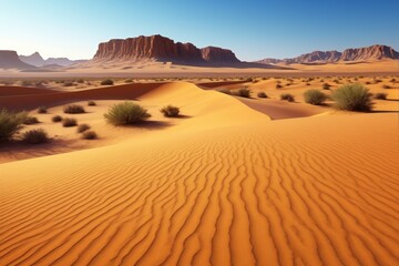 araffes in the desert with sand dunes and mountains in the background