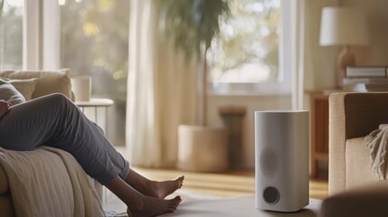 Hypertension patient relaxing in a modern living room with soft music. Featuring relaxation and comfort