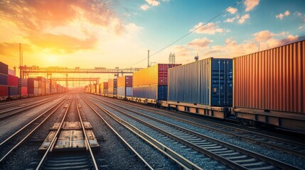 Fototapeta premium Loading containers onto railway cars industrial yard transport process urban setting aerial view logistics efficiency