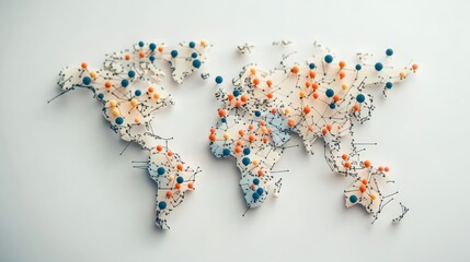 Fototapeta premium Detailed Representation of a World Map Crafted with Colorful Pins and Threads, Emphasizing Global Connections and Networks