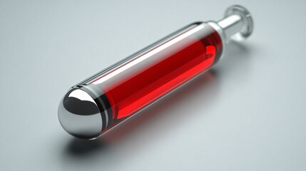 Metallic syringe filled with red liquid placed on a clean futuristic background
