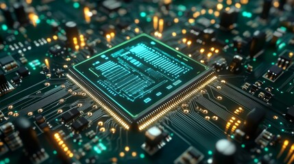Obraz premium Artificial intelligence powers smart cities. Futuristic buildings in a tiny chip with AI, which manages the city's infrastructure effectively. Smart city's AI. 