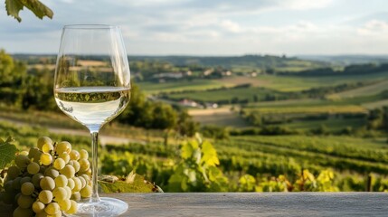 Glass of White Wine Next to Fresh Grapes in Scenic Vineyard View