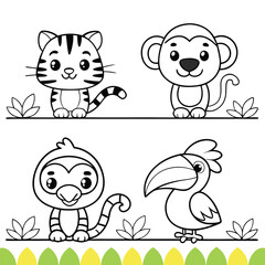 Friendly Jungle Animal Friends Tiger Cub, Monkey, Frog, Toucan, and Parrot to Color
