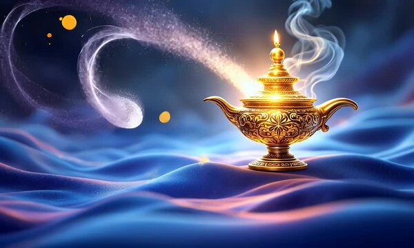 A magical golden lamp with magic dust rising from it. Animated background. Loop animation. One minute.Super Slow Motion of Antique Oriental Aladdin Arabian lamp with Soft Light Smoke.