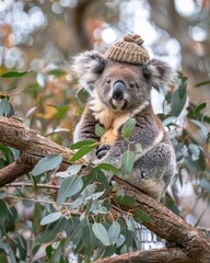 Obraz premium Adorable koala wearing a knitted hat sits on a eucalyptus tree branch, eating leaves.