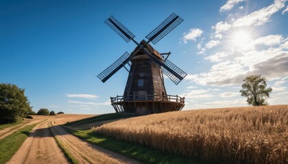 Naklejka premium Majestic Wooden Windmill in Golden Wheat Field under Sunny Sky A picturesque rural landscape