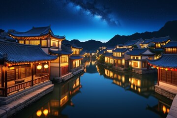 nighttime view of a canal with a building and a bridge