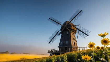 Majestic Wooden Windmill at Sunrise Surrounded by a Vibrant Sunflower Field in Misty Morning Light